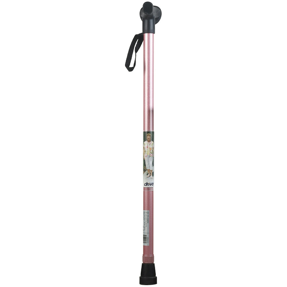 Drive cane with comfort grip, pink shaft, black handle and wrist strap, rubber tip