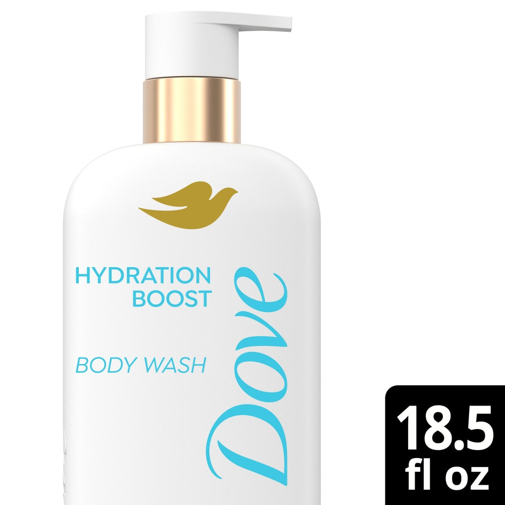 Dove Hydration Boost body wash bottle with gold pump, white label, 18.5 fl oz