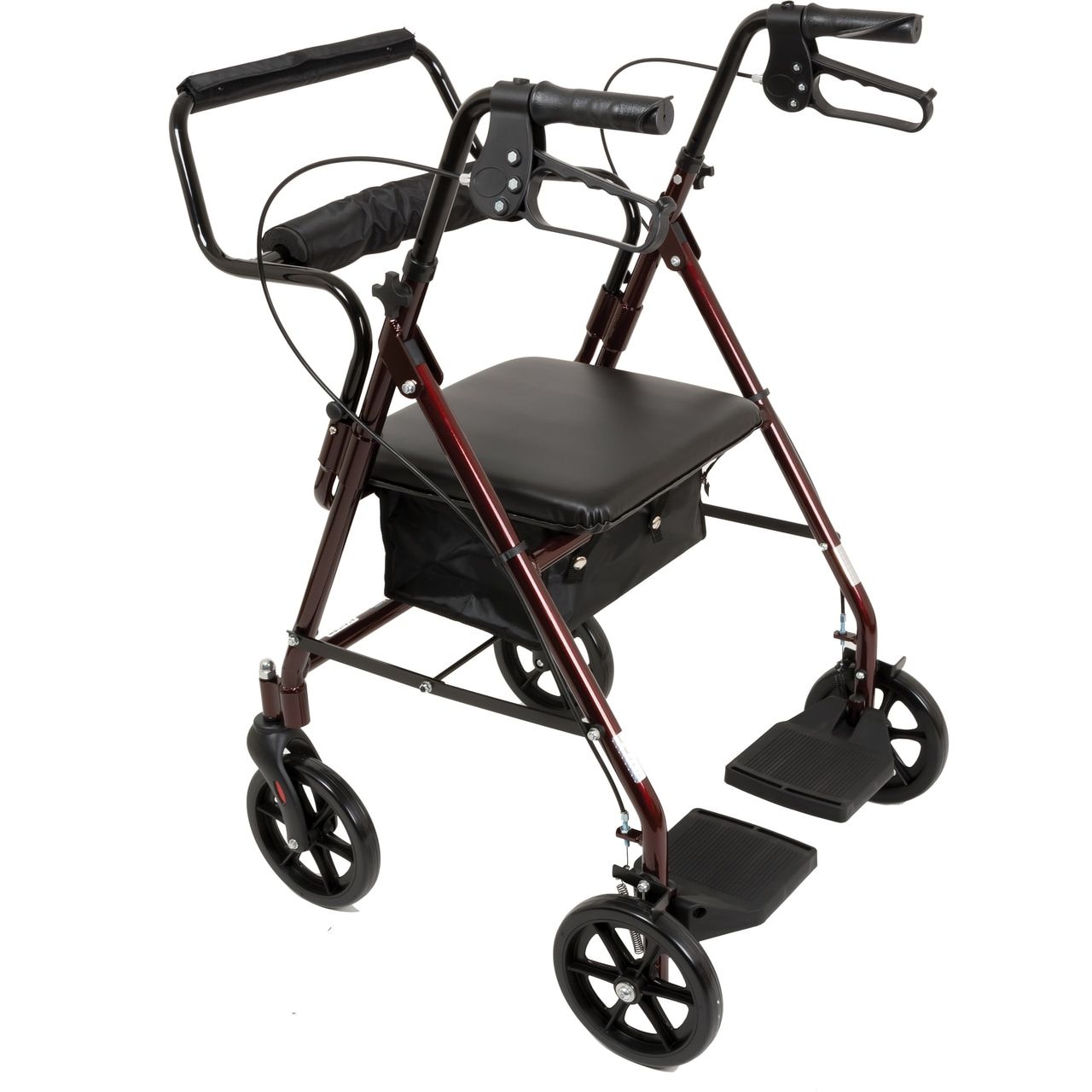 Burgundy folding transport rollator walker with seat and four wheels, curved handles.