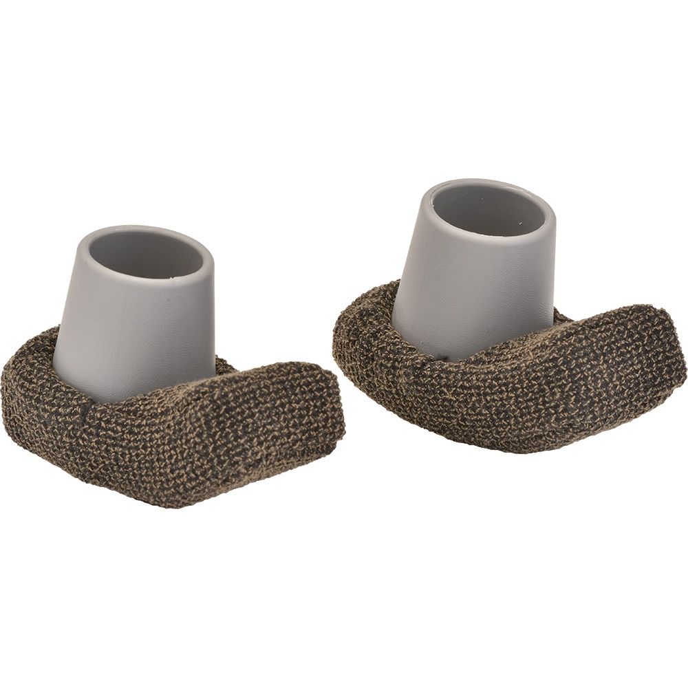 Gray ski cover tips with open cuffs, wrapped in brown textured fabric
