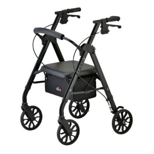Black rollator walker with 8" wheels, padded seat and hand brakes