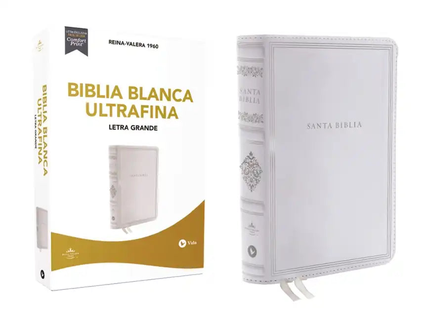 White large-print Bible with decorative border and tassel tie, hard cover