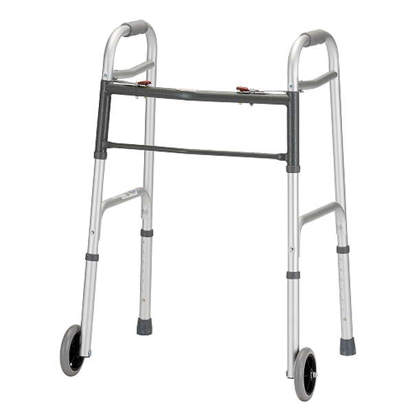 Folding adult walker with 5-inch wheels, chrome frame and gray hand grips