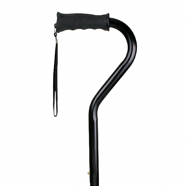 Black offset walking cane with curved ergonomic handle and wrist strap