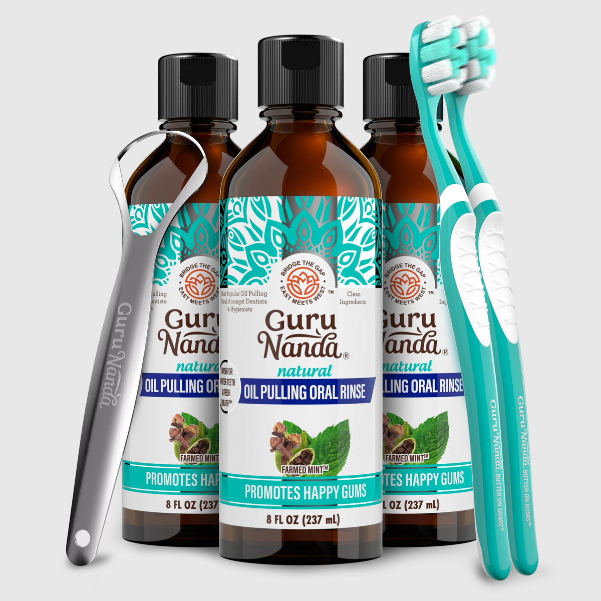 Oil pulling oral rinse bottles with teal labels and toothbrush, 8 fl oz