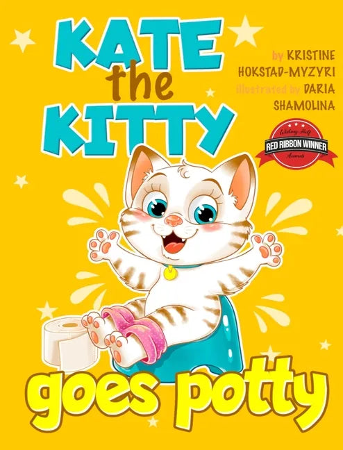 Hardcover picture book cover with white cat holding pink potty-training stool, title text