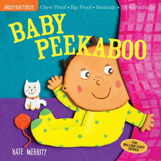 Baby Peekaboo board book cover with smiling child and small cat illustration