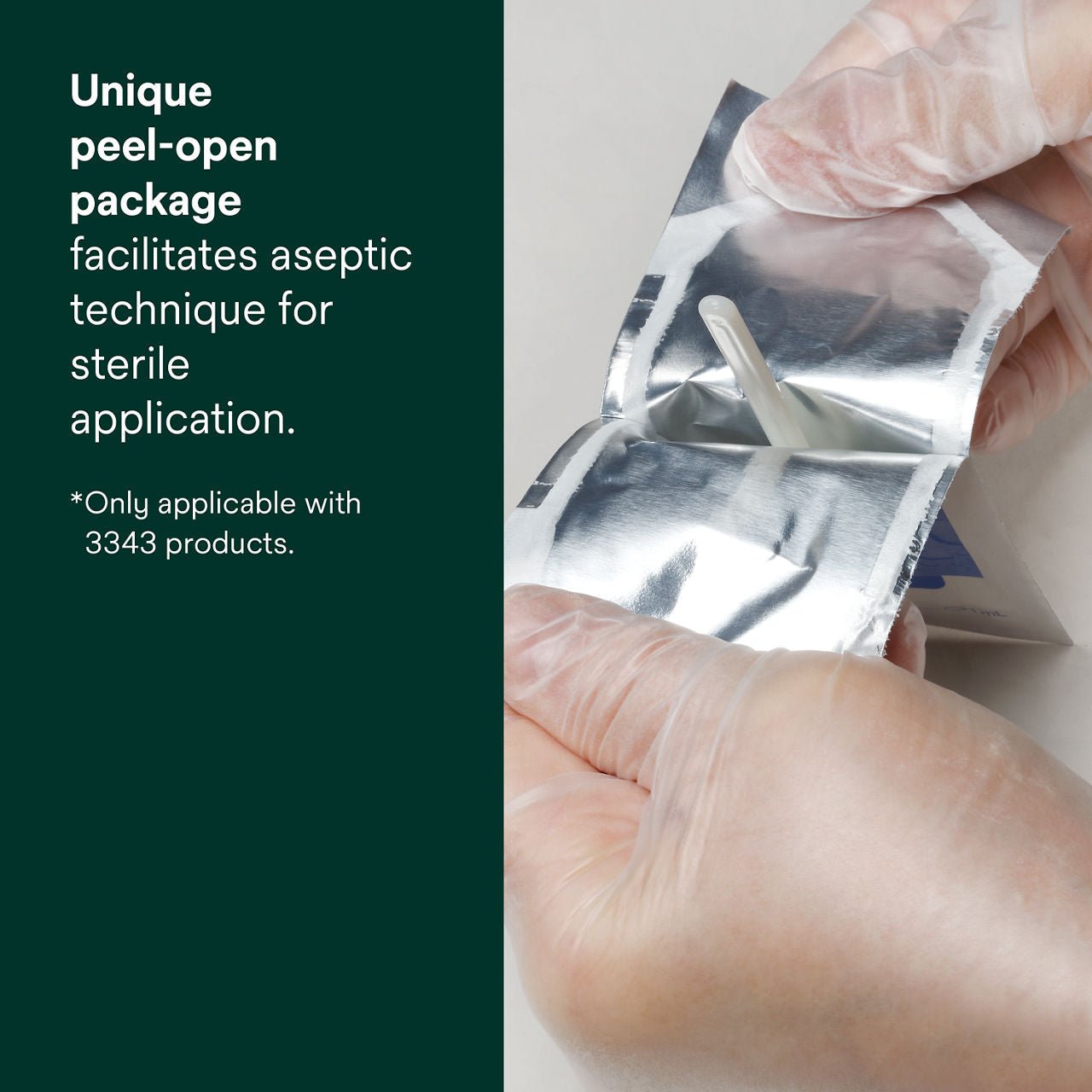 Peel-open barrier film package held with gloves for sterile application
