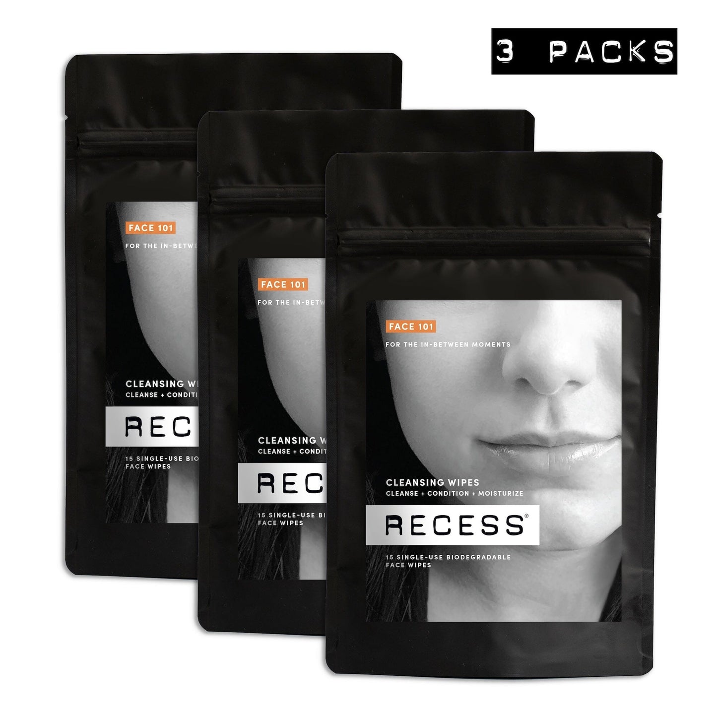 Three packs of Recess face wipes on a white background