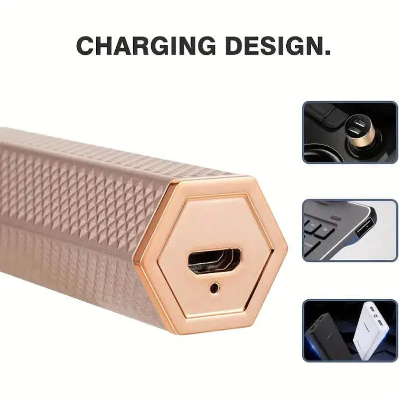 Facial electric shaver charging port on the handle with USB-style connector opening