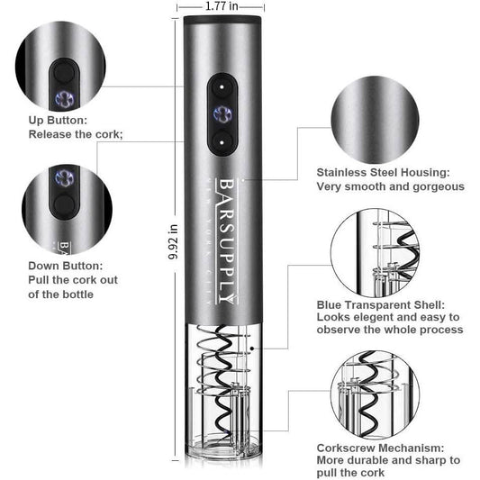 Electric wine opener with stainless housing and blue-lit cork release mechanism