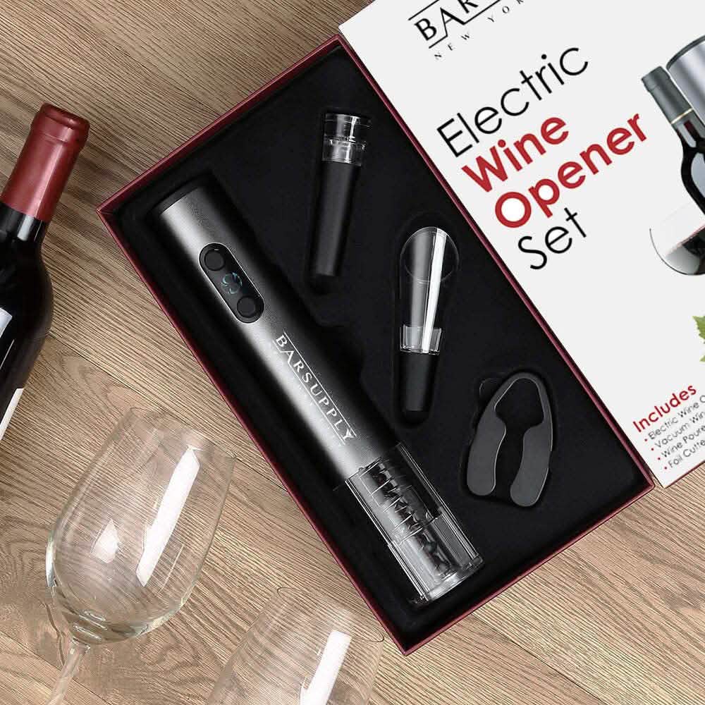 Electric wine opener set box with electric opener and included accessories