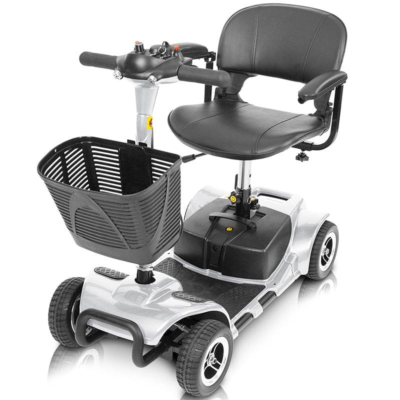 Silver 4-wheel mobility scooter with black seat and front basket