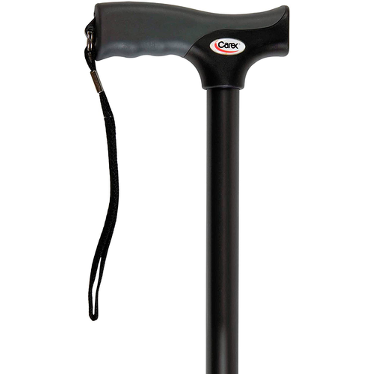 Black Carex derby cane handle with soft grip and wrist strap, curved armrest