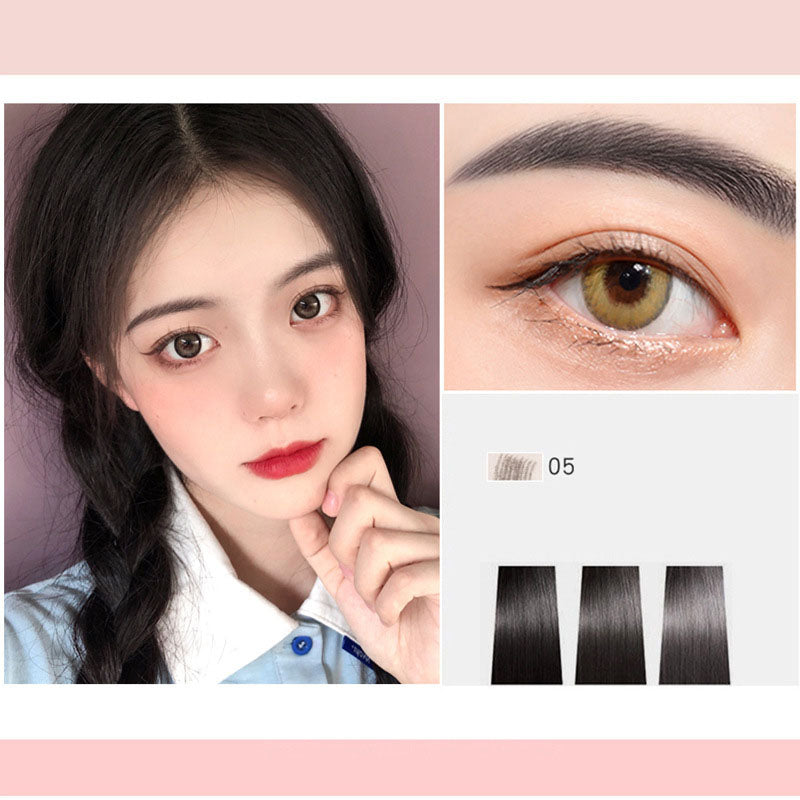 Eyebrow pencil makeup look with color swatches labeled 05 and close-up eye area