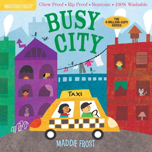Busy City children's book cover, illustrated taxi and city buildings