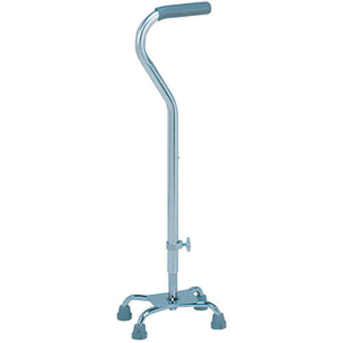 Small quad cane with offset handle, light blue frame and four-leg base