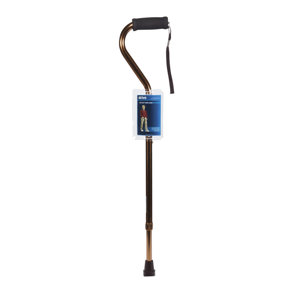 Bronze crackle adjustable walking cane with offset foam grip handle and black wrist strap