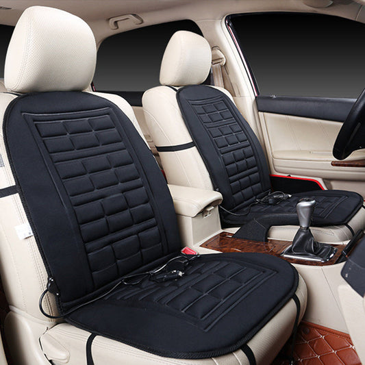 Black heated seat pads for car, two front seats with quilted grid pattern