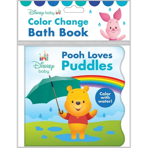 Color change bath book cover with Winnie-the-Pooh in puddles, umbrella and rainbow