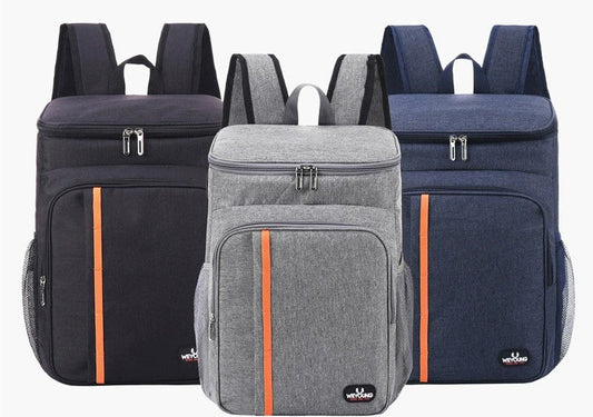Insulated lunch backpacks in gray and navy with orange stripe, zip front pockets, top handles