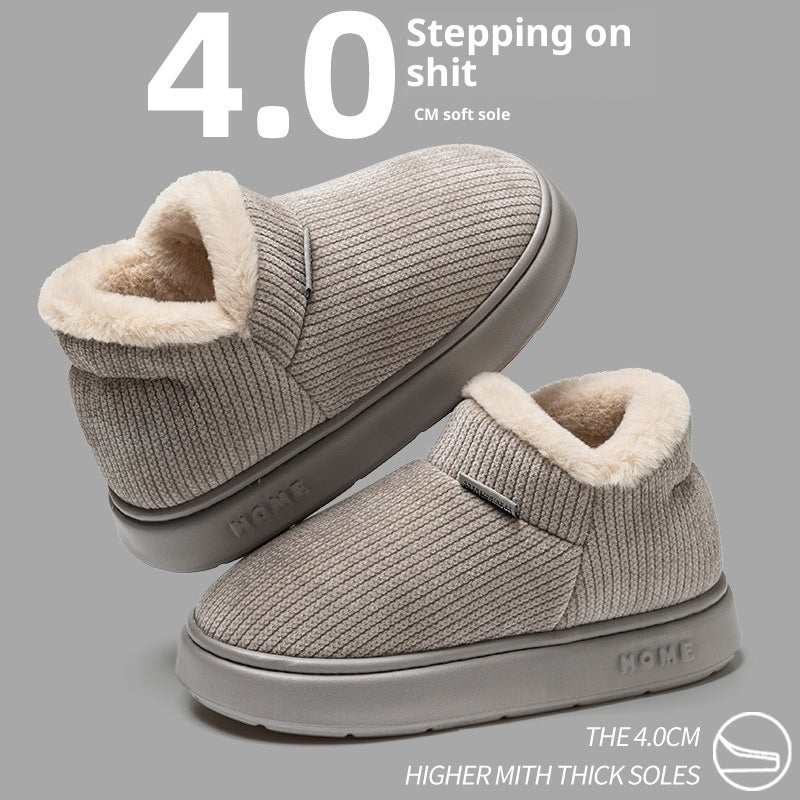 Ankle wrap cotton slippers in gray knit with plush cream collar and cushioned thick sole