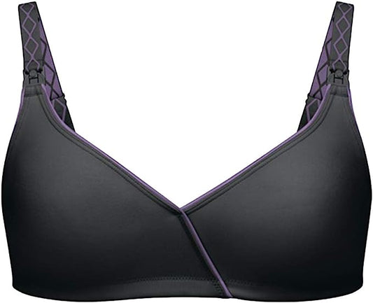 Black nursing bra with purple-trimmed V-neck, patterned straps, and front hook closure