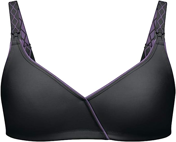 Black nursing bra with purple-trimmed V-neck, patterned straps, and front hook closure