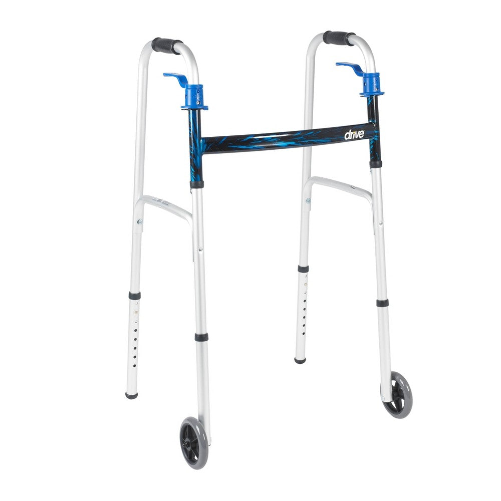 White folding walker with blue trigger release handle and four legs, includes wheels