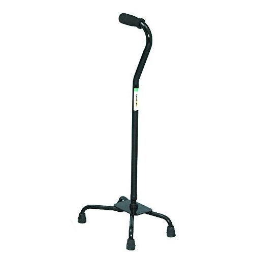 Small base quad cane with padded handle and four-wheel support