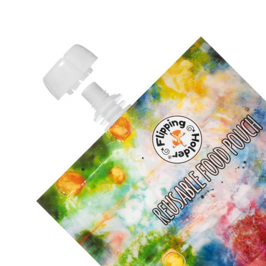 Reusable food pouch with white flip-top cap, colorful watercolor print