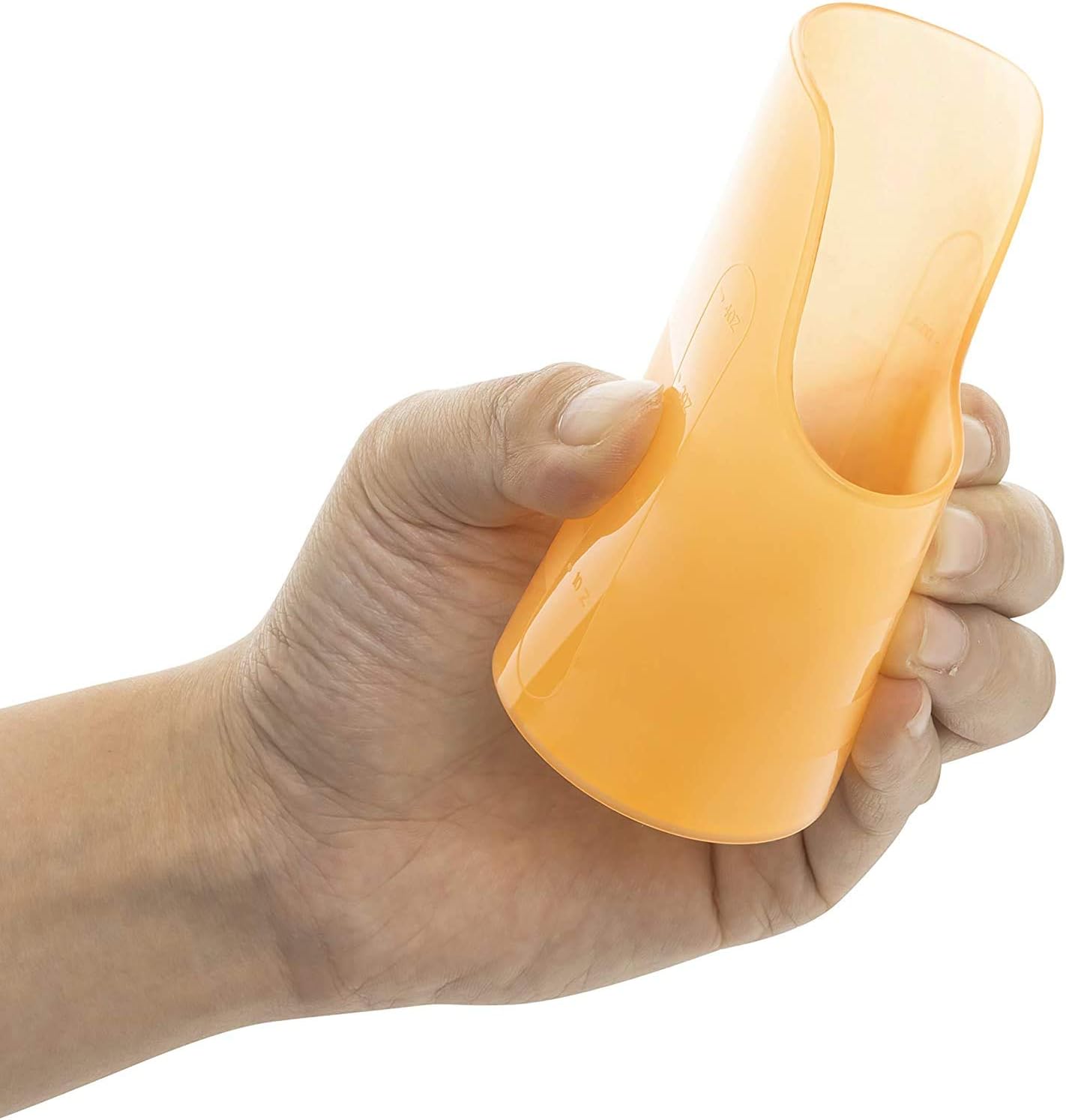 Orange flexible therapy drink cup in hand, showing front opening and nose cutout