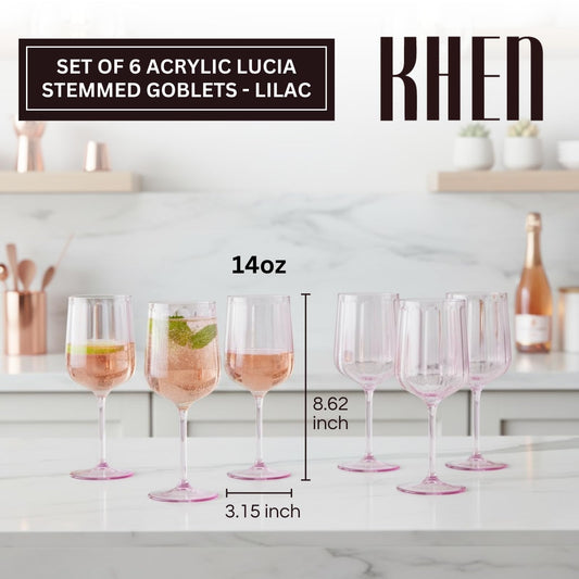 Set of six lilac stemmed acrylic goblets with ribbed sides and wide round foot