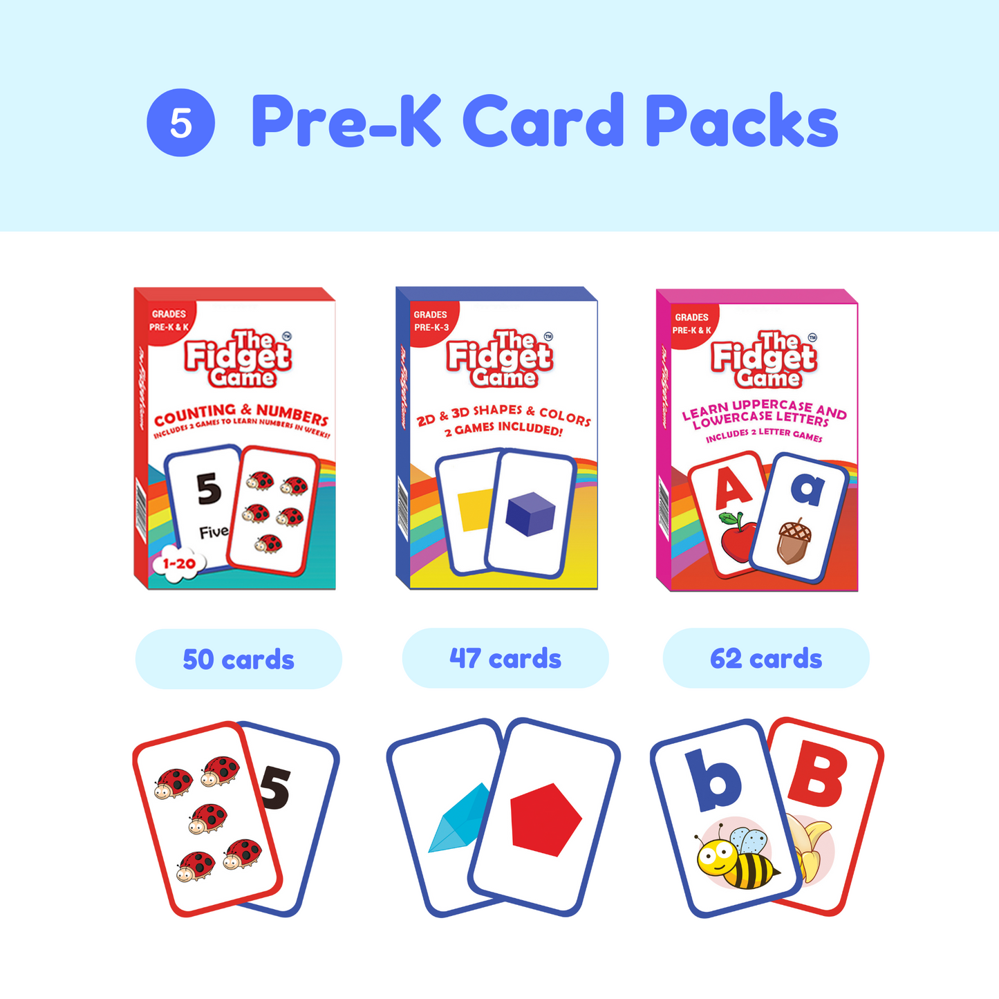 Pre-K card pack set with three math and alphabet card boxes