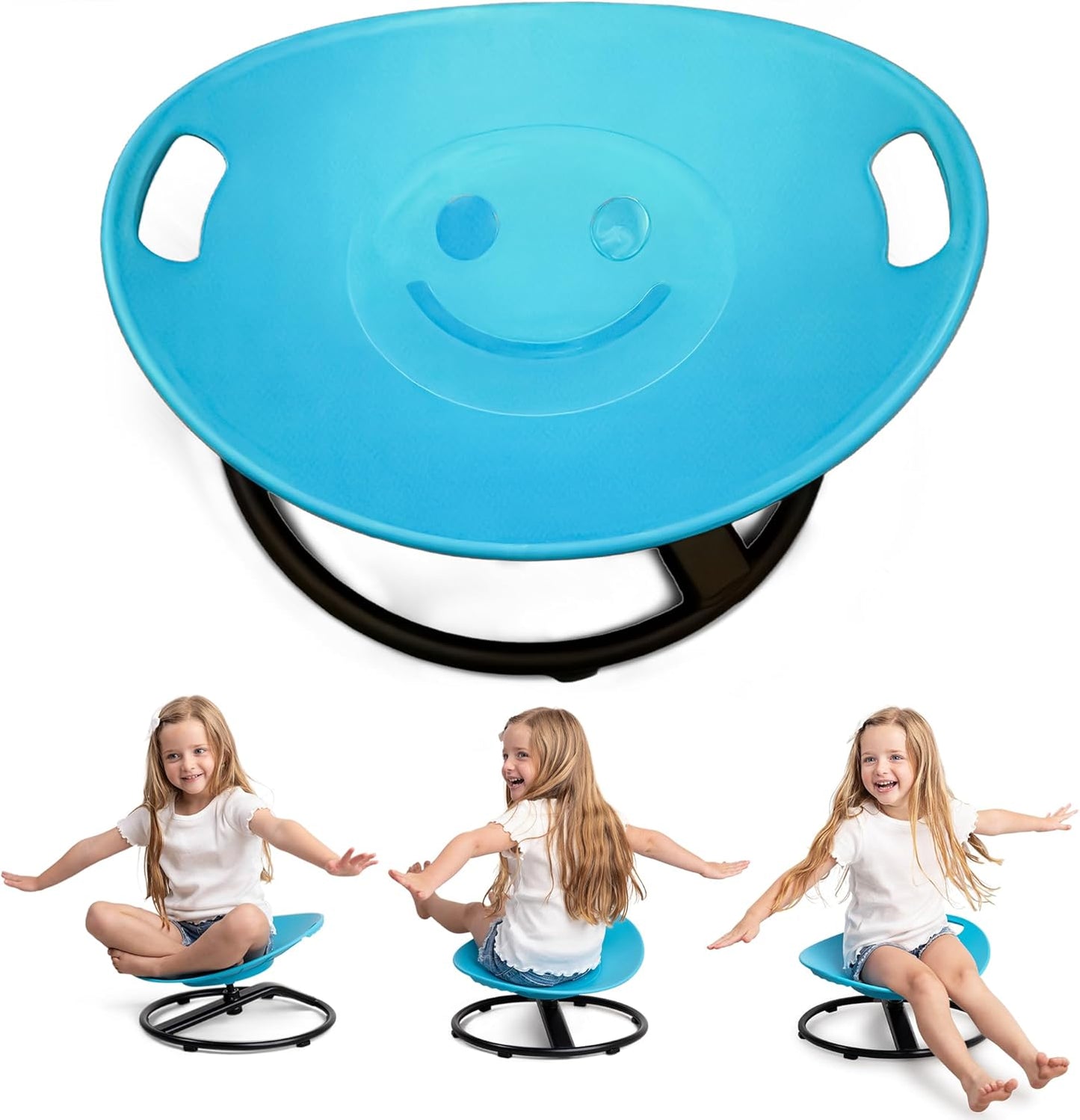 Kids smile spinning chair with blue round seat and black base, smile face detail
