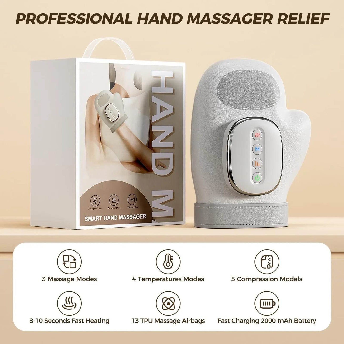 Light gray hand massager standing with product box and mode features icons shown