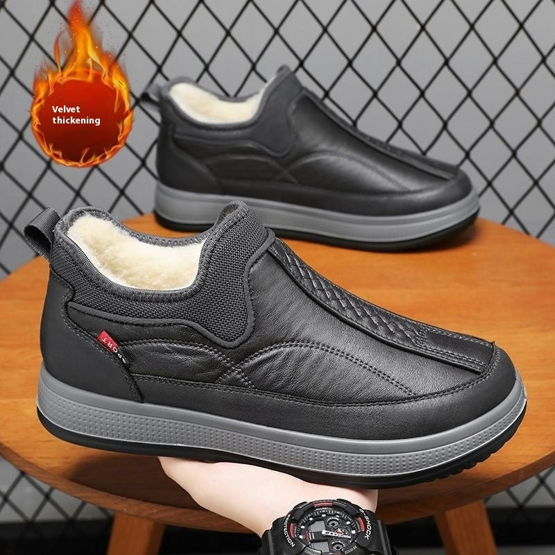 Dark gray slip-on ankle boots with fleece lining and textured platform sole