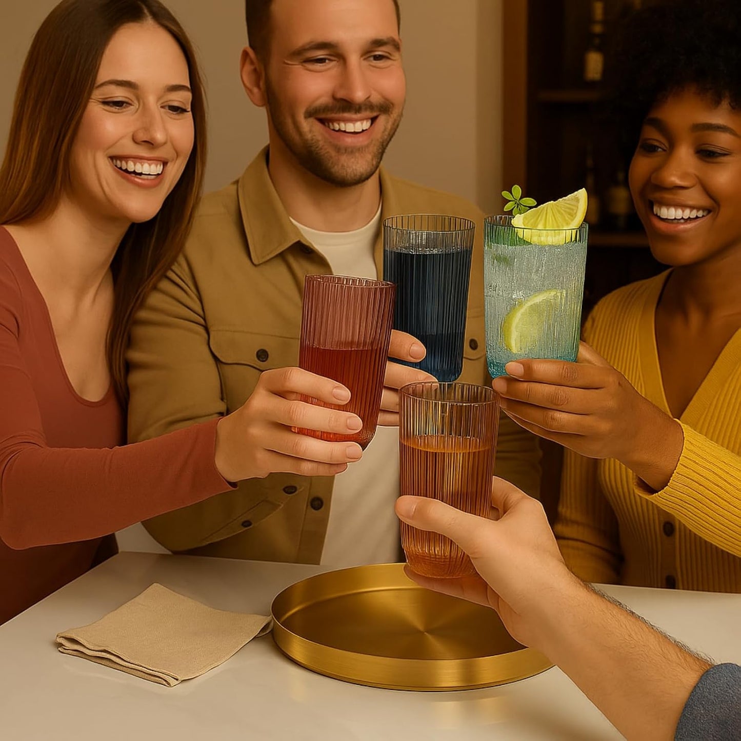 Group holding tall ribbed drinking glasses in muted blue, amber, and rose tones