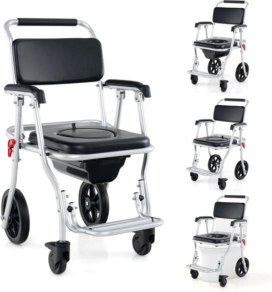 Folding shower commode wheelchair with black seat and backrest, angled side view