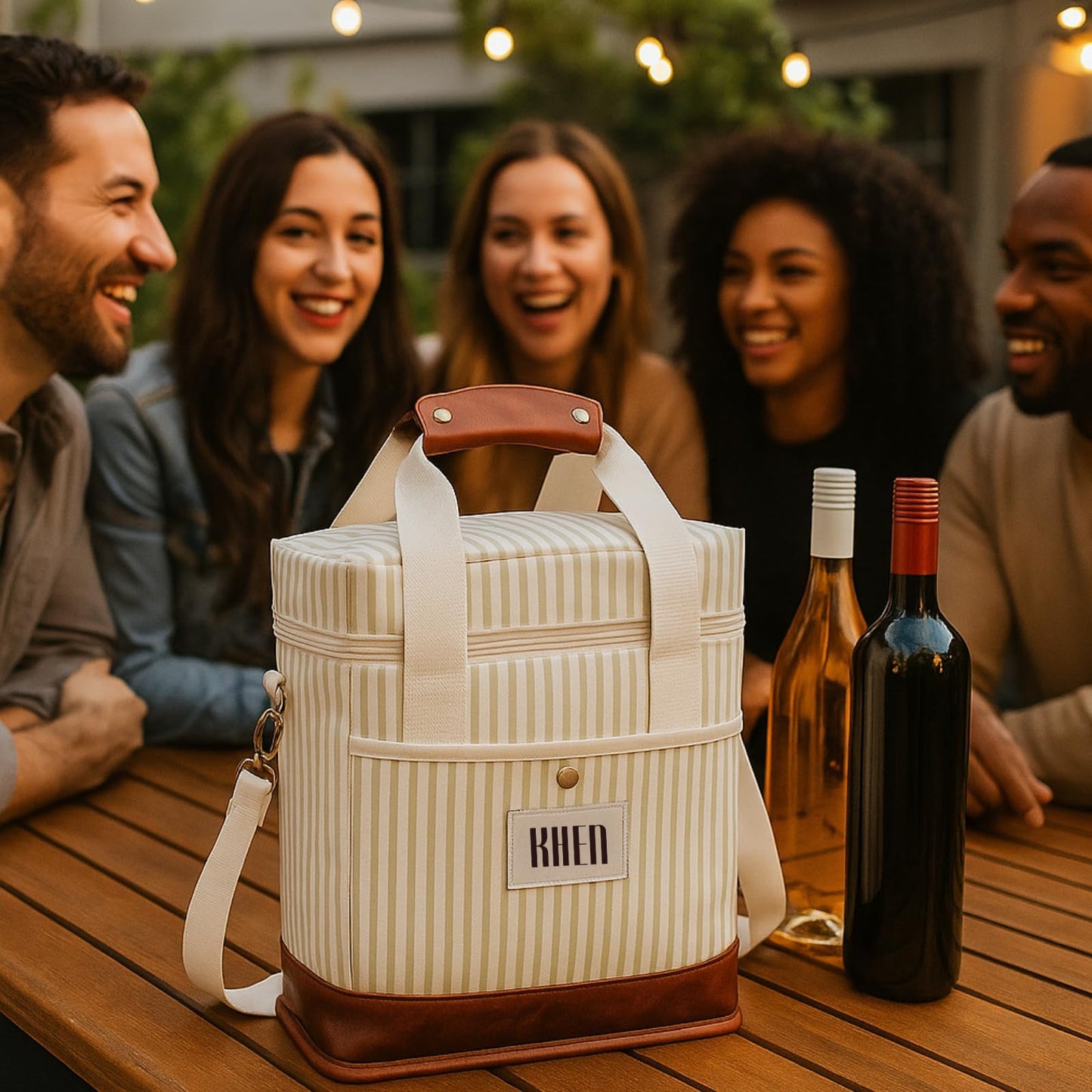 2-bottle wine tote cooler bag, cream striped fabric, brown leather handle, front label KHEN