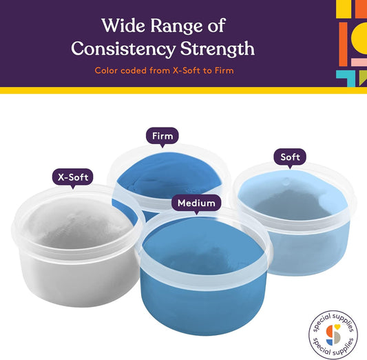 Therapy putty 4-pack of blue firmness tubs: x-soft, soft, medium, and firm