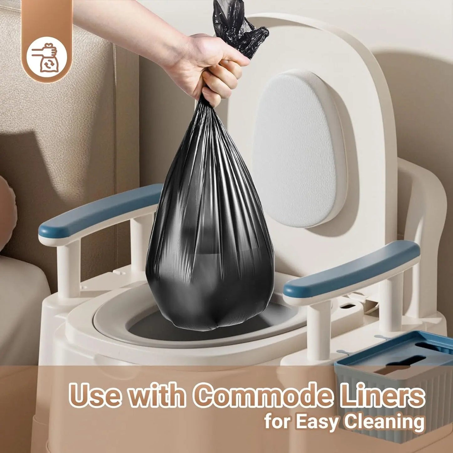 Commode chair with open seat, blue armrests, and black bag liner being placed