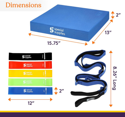 Blue balance pad with yoga strap and resistance bands, shown with size indicators