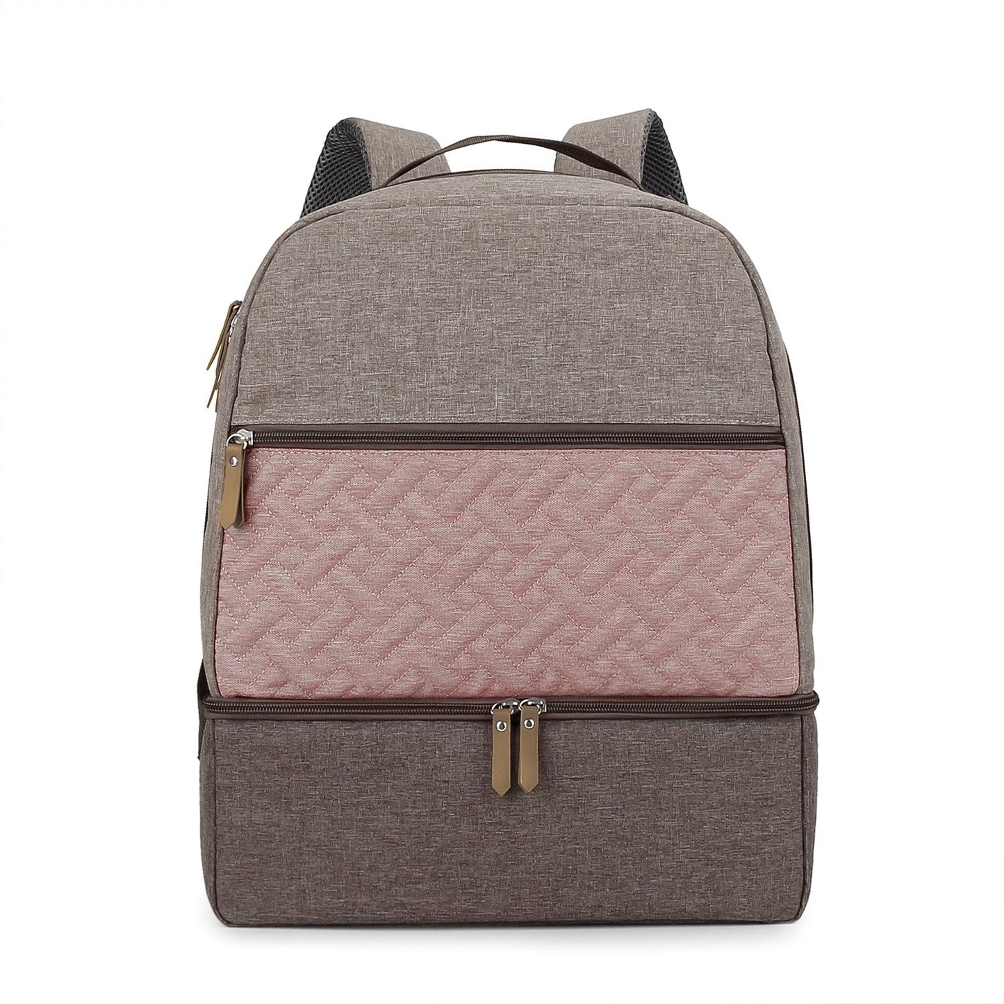 Insulated mummy bag backpack with pink quilted front and brown-gray base