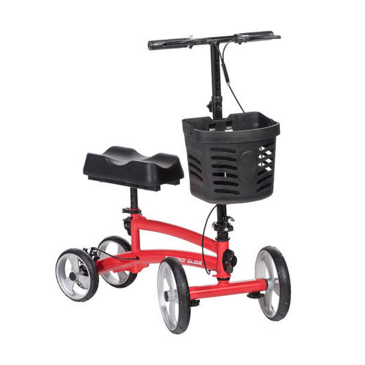 Red knee scooter with black handlebar basket, knee platform, and front caster wheels