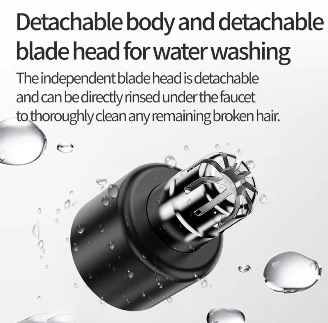 Detachable nose trimmer blade head shown with water droplets for rinsing
