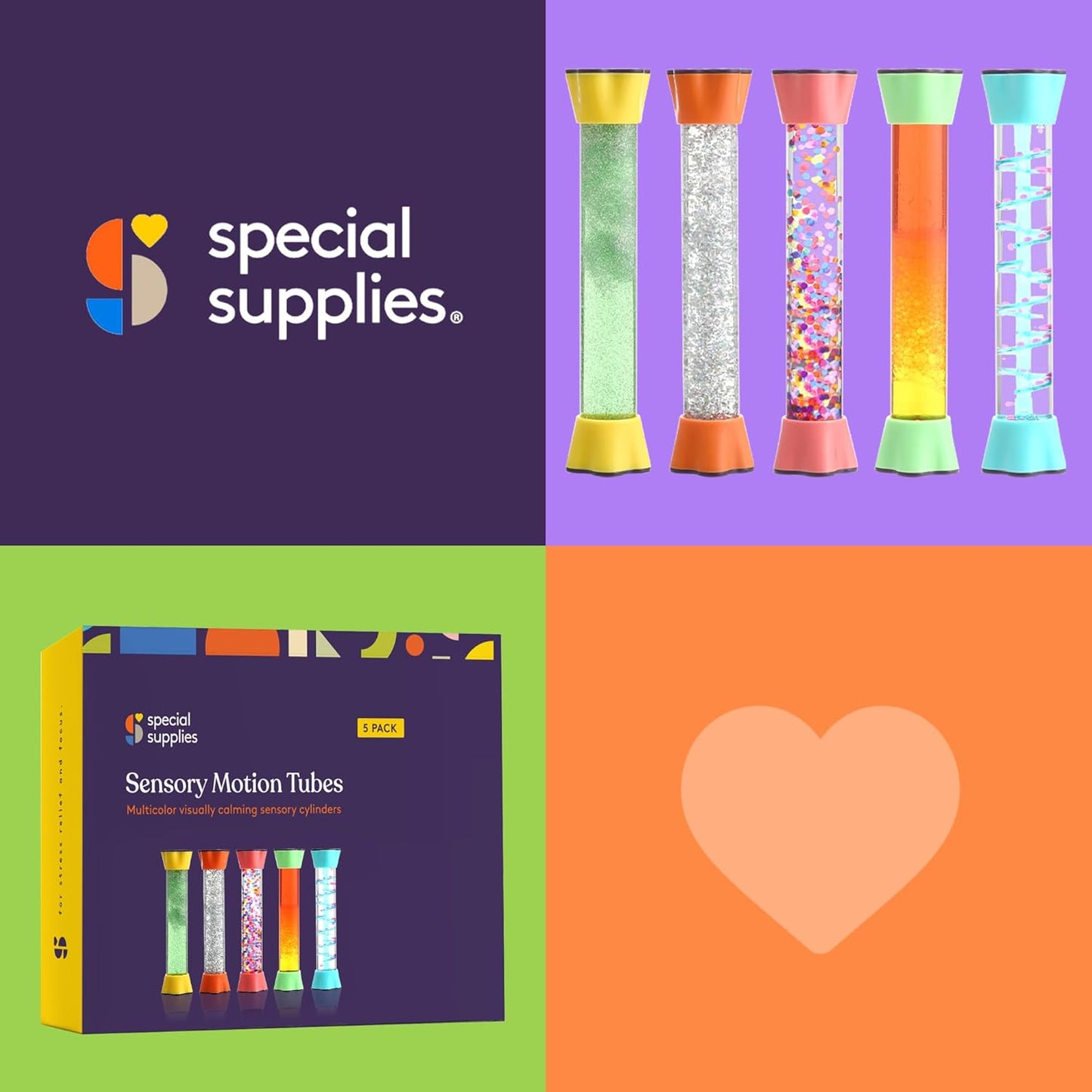 Five sensory motion tubes with glitter and confetti chambers in bright yellow, orange, pink, green, blue