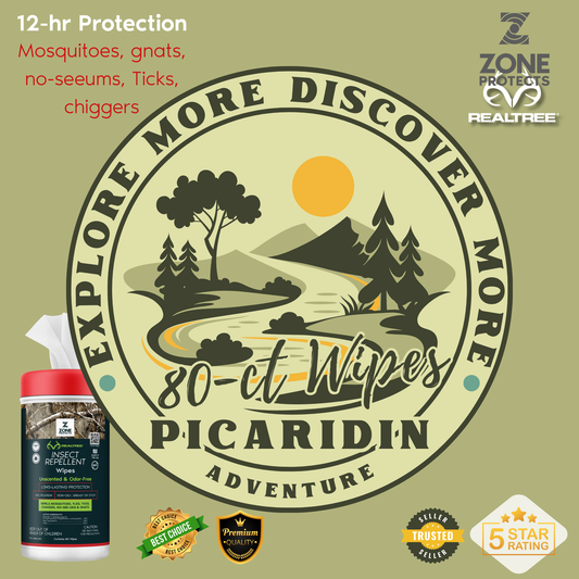 Picaridin insect repellent wipes 80-ct badge with small bottle and Realtree design