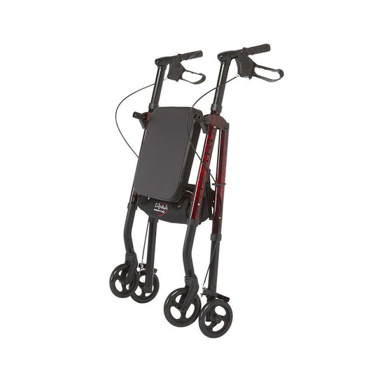 Folding 4-wheel rollator with padded seat and backrest, handle brakes, dark frame