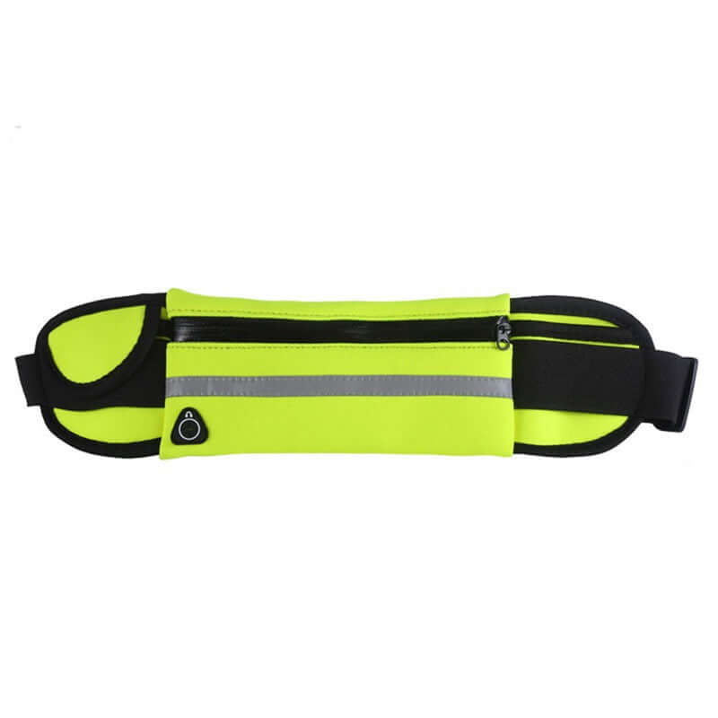 Neon green waist belt fanny pack with black trim and zip pocket with reflective stripe
